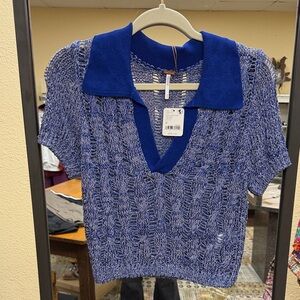 Free People Blue Open-Knit Polo-Collar Short Sleeve Sweater